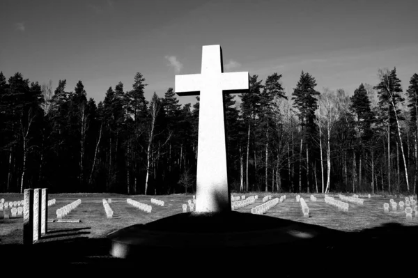 Grayscale Shot Cemetery Landscape Big Stone Cross Foreground — Stock Photo, Image