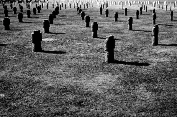 Tiro Cinza Uma Paisagem Cemitério Com Cruzes Sepultura Linhas — Fotografia de Stock