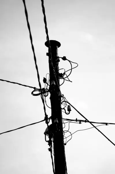 Tiro Vertical Escala Cinza Poste Madeira Com Linhas Eletricidade — Fotografia de Stock