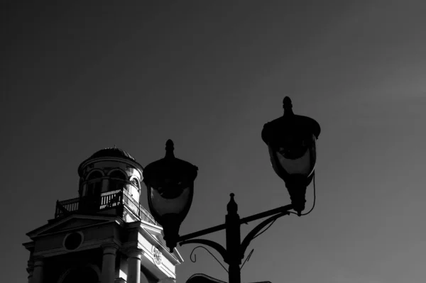 Low Angle Grayscale Shot Decorative Street Lamps Top Tower — Stock Photo, Image