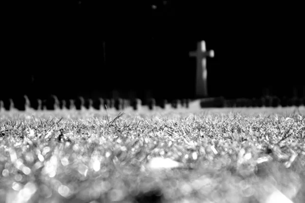 Tiro Tons Cinza Uma Paisagem Cemitério Com Uma Grande Cruz — Fotografia de Stock