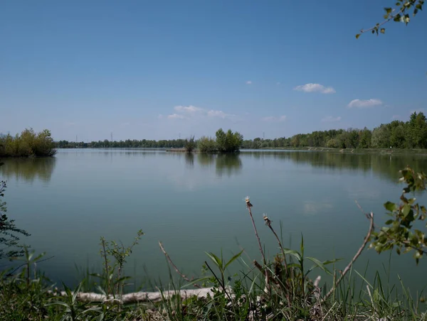 Μια Όμορφη Θέα Μιας Λίμνης Που Περιβάλλεται Από Χόρτα Και — Φωτογραφία Αρχείου