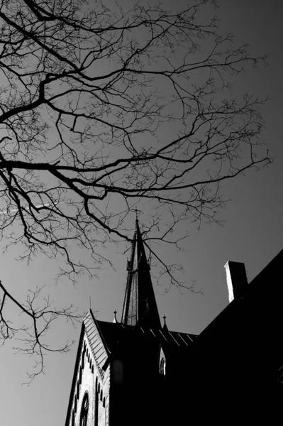 Een Verticaal Shot Van Het Bovenste Deel Van Een Gebouw — Stockfoto