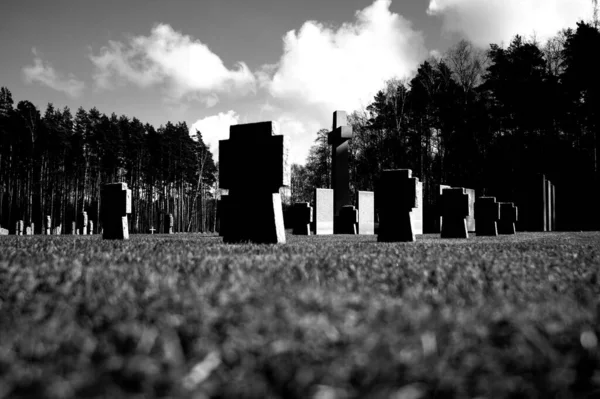 Grayscale Shot Landscape Cemetery Silhouettes Grave Crosses Rows — Stock Photo, Image