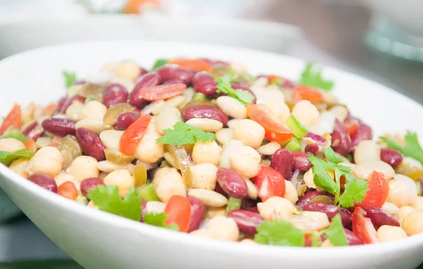 Gros Plan Une Salade Haricots Dans Bol Blanc — Photo