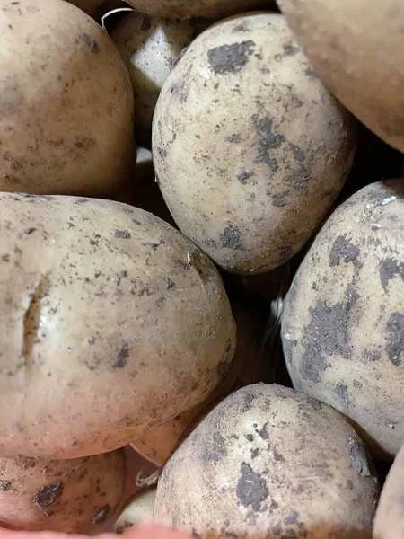 Großaufnahme Eines Haufens Schmutziger Kartoffeln Laden Mit Trockener Erde Darauf — Stockfoto