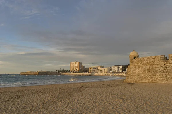 Sandkusten Intill Cadiz Stad Vid Solnedgången Andalusien Spanien — Stockfoto