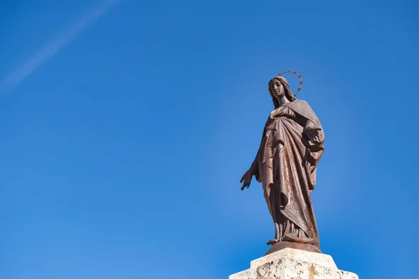 Unghi Scăzut Fecioarei Maria Piedestal Piatră Din Catedrala Palencia Spania — Fotografie, imagine de stoc