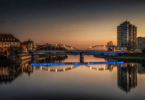 Beautiful Shot Piastowski Bridge Illuminated Night Opole Poland — Stock Photo, Image