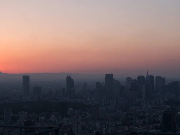 夕焼けの中 グラデーションのある赤と紫の空の東京の街並み — ストック写真