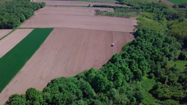 Aerial View Farm Harvester Working Rural Agricultural Field — Stock Video