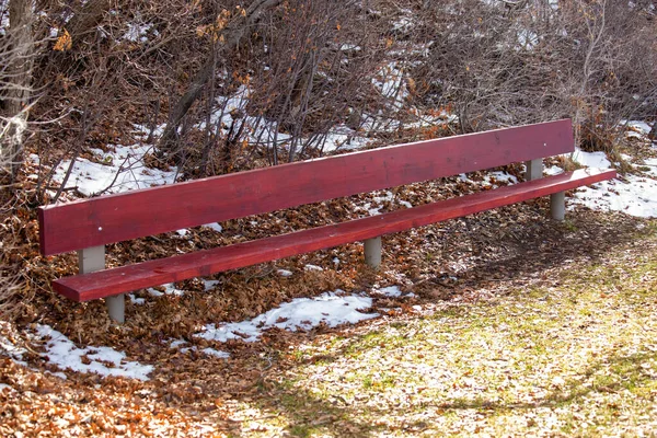 Egy Közeli Kép Egy Piros Padról Parkban — Stock Fotó