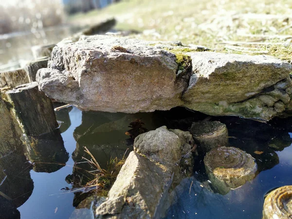 Крупный План Грубой Каменной Плиты Деревянными Балками Погруженными Воду Рядом — стоковое фото