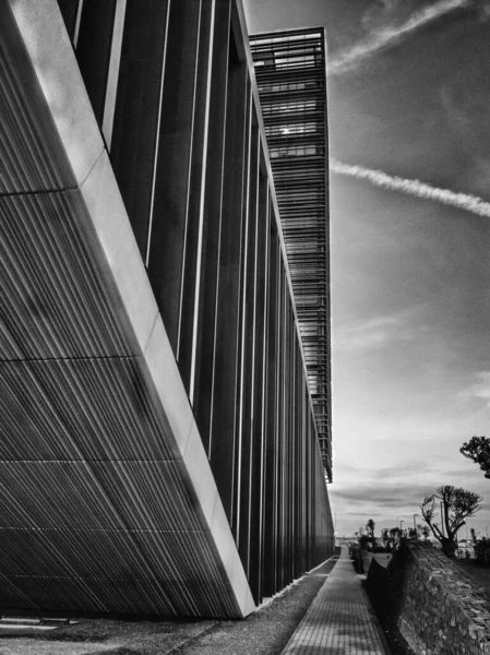 高層モダンな建物のグレースケールショット — ストック写真