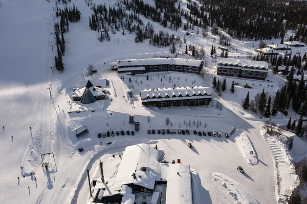 Vista Aérea Drones Con Vistas Resorts Restaurantes Olos Laponia Finlandia — Foto de Stock