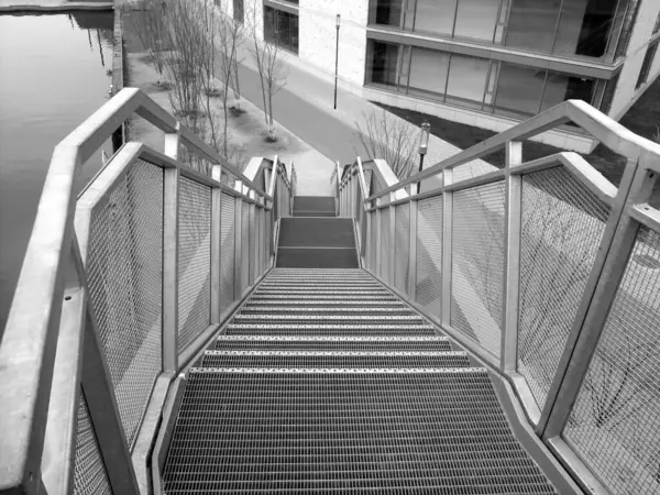 Grayscale Shot Stairs Railings Leading — Stock Photo, Image