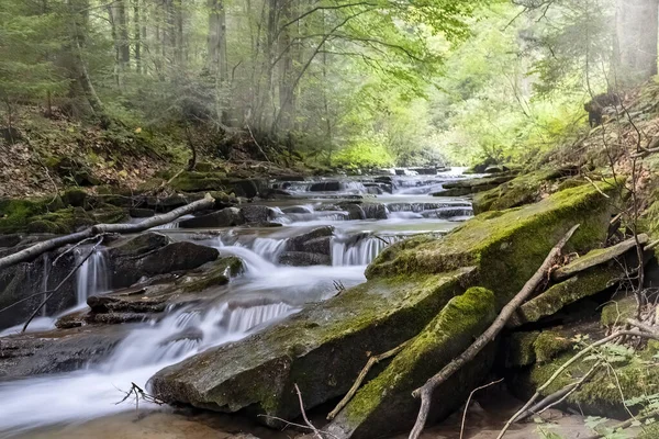 Die Schöne Landschaft Des Flusses Fließt Über Felsen Mit Langen — Stockfoto