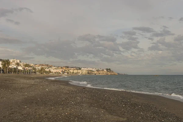 Paisaje Una Playa Rodeada Mar Edificios Por Noche Málaga España —  Fotos de Stock