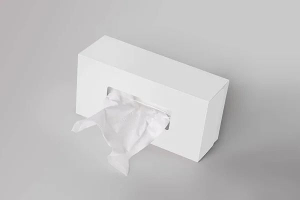 Białe Puste Pudełko Tkankami Twarzy Szarym Tle — Zdjęcie stockowe