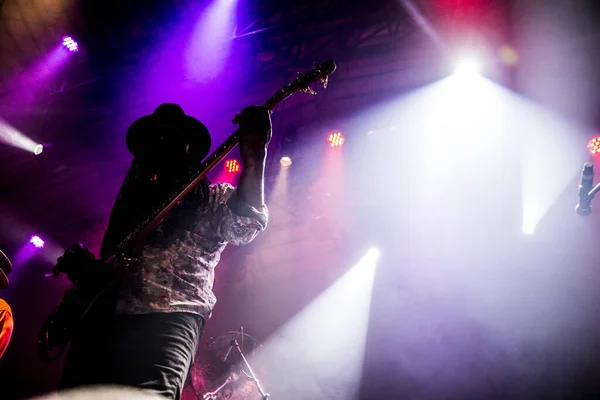 Konserde Gitar Çalan Uzun Ödlekli Bir Adamın Silüeti — Stok fotoğraf