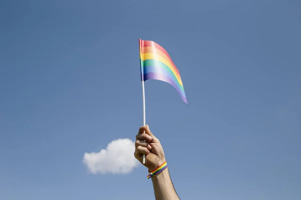 Una Persona Con Una Pulsera Colores Sosteniendo Una Bandera Del — Foto de Stock