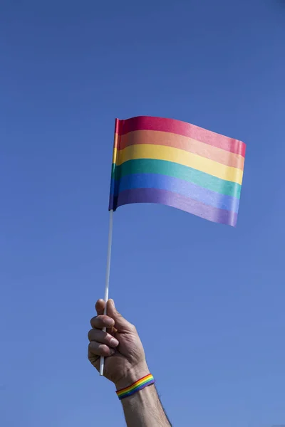 Una Persona Con Una Pulsera Colores Sosteniendo Una Bandera Del — Foto de Stock