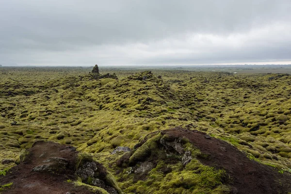 Ein Landschaftsblick Auf Das Grüne Bemooste Feld Und Launische Wolken — Stockfoto