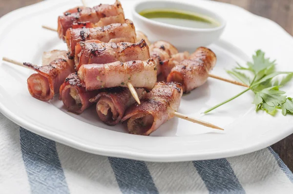 Plate Skewered Bacon Wrapped Prawns Wooden Stick Served Sauce Parsley — Stock Photo, Image