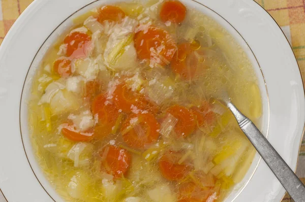 Top View Bowl Soup Leeks Other Vegetables — Φωτογραφία Αρχείου