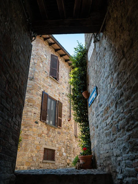 Eine Vertikale Aufnahme Einer Gasse Mit Alten Backsteingebäuden Die Mit — Stockfoto