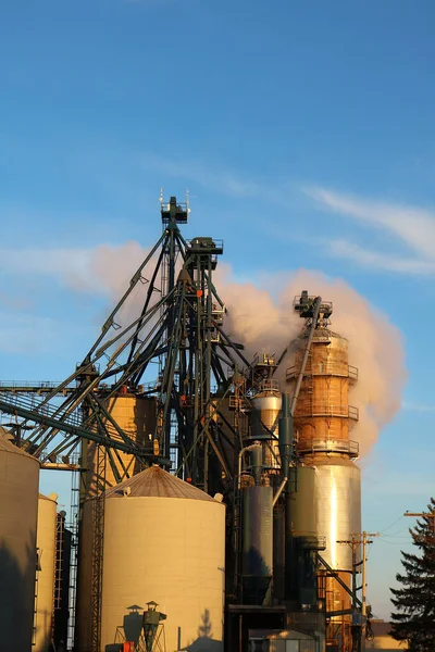青空の下で走行する乾燥機と金属農業用穀物貯蔵ビンの垂直ショット — ストック写真