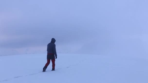 Dağlarda Kar Üzerinde Yürüyen Adam — Stok video