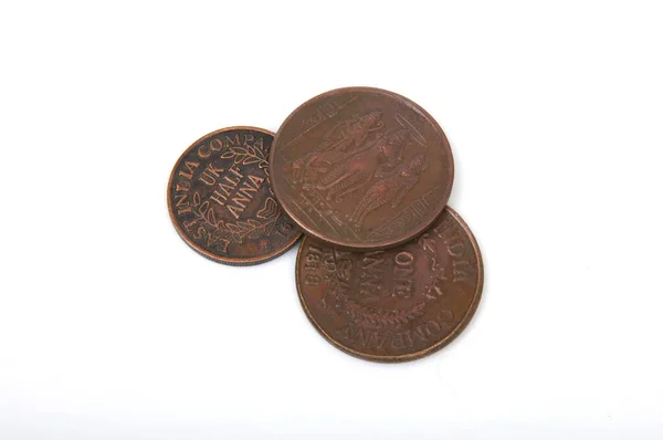 Closeup Old Copper Coins White Surface — Stock Photo, Image