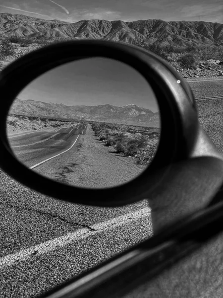 Vertical Shot Side Mirror Empty Asphalt Road Reflection Grayscal — Stock Photo, Image