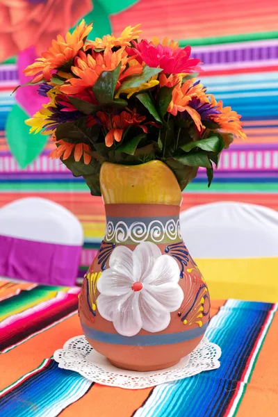 Creatively Painted Vase Bright Flowers Festive Table — Stock Photo, Image