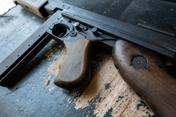 Closeup Shot Wwii Weapon Black Wooden Table — Stock Photo, Image