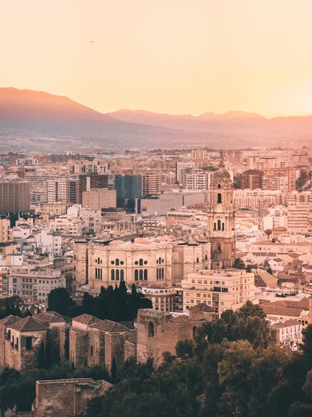 Вертикальный Потрясающий Вид Портовый Город Малага Испании Красивыми Зданиями Закате — стоковое фото