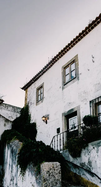 Vertical Shot Old White Building Stairs Plants Clear Sky Obidos — Φωτογραφία Αρχείου