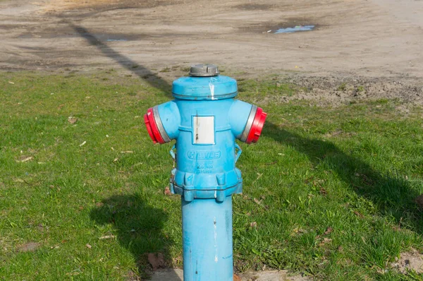 Poznan Poland Apr 2016 Blue Metal Water Pump Surrounded Green — Φωτογραφία Αρχείου
