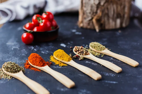 Wooden Spoons Spices Paprika Basilic Pepper Thyme Cherry Tomatoes — Φωτογραφία Αρχείου