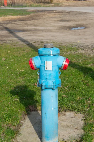 Poznan Poland April 2016 Blue Metal Water Pump Surrounded Green — 图库照片