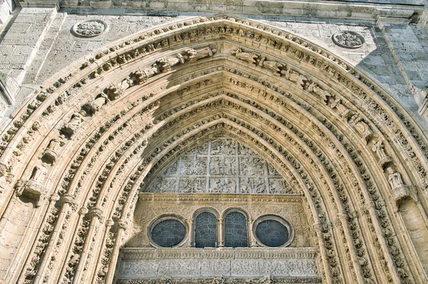 Closeup Details Carved Pointed Arch Entrance Palencia Cathedral Palencia Spain — Stock Photo, Image