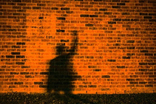 Cień Człowieka Podniesioną Dłonią Pomarańczowej Ścianie Cegły — Zdjęcie stockowe