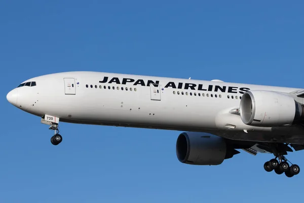 Лондон, об'єднаний Кінгд - 11 лютого 2020 року: Japan Airlines (JL / JAL) наближається до аеропорту Лондона Хітрово (EGLL / LHR) на Boeing B77W (JA739J / 32437)). Зображення
