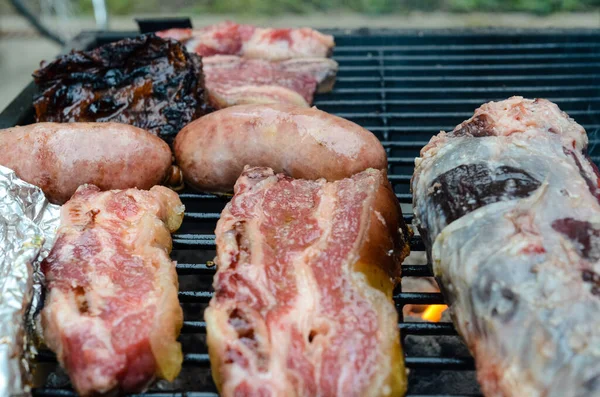 Closeup Shot Traditional Argentinian Asado Sausages Meat Cooking Grill Street — Φωτογραφία Αρχείου