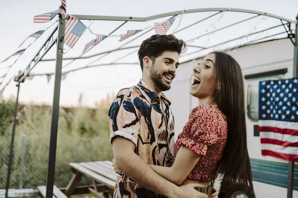 Beautiful Spanish Couple Laughing Background Flags Independence Day — стоковое фото