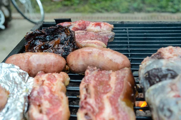 Closeup Shot Traditional Argentinian Asado Sausages Meat Cooking Grill Street — Φωτογραφία Αρχείου