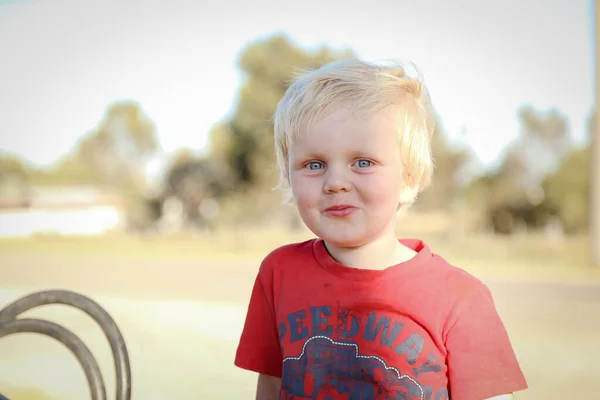 Closeup Shot White Caucasian Kid Blue Eyes Wearing Red Shirt — Photo