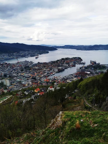 Vertikal Bild Staden Bergen Från Floyen Berg Norge — Stockfoto
