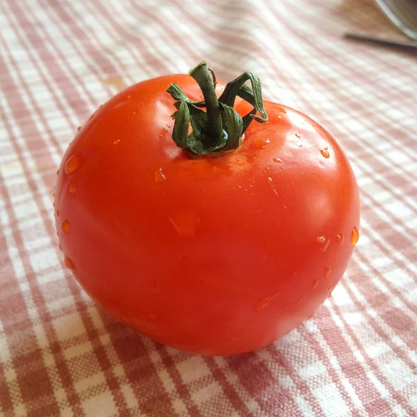 Gros Plan Une Tomate Fraîche Sur Une Nappe — Photo